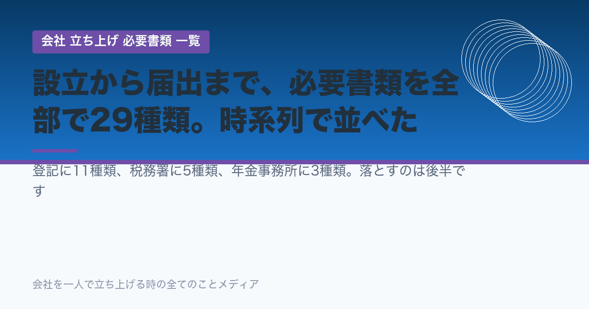 会社設立の必要書類を時系列で。登記11種類のあとに、届出がまだ18種類あります