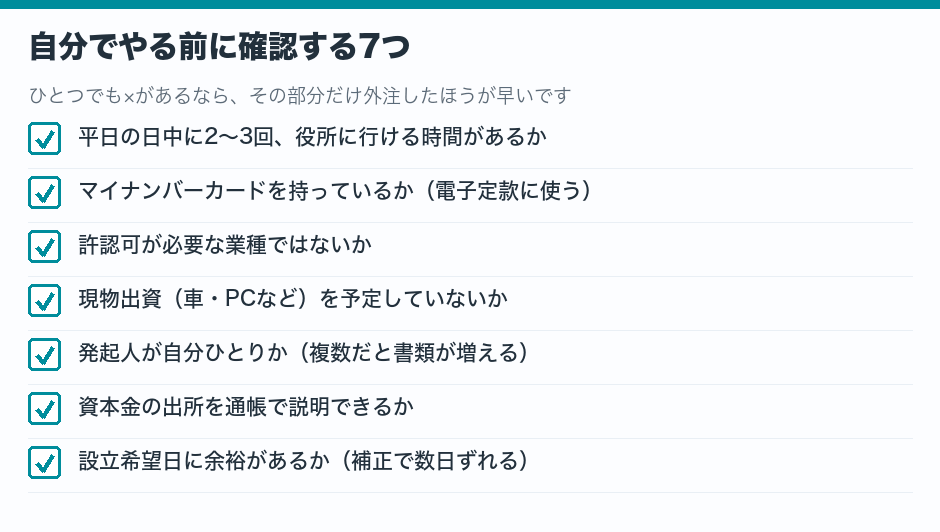 自分で会社設立をやる前に確認する7項目